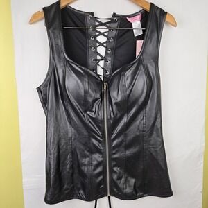 Lydia USA Faux Leather Corset Top Back Lace Up, Zip Front Sz 1XL Biker Goth
